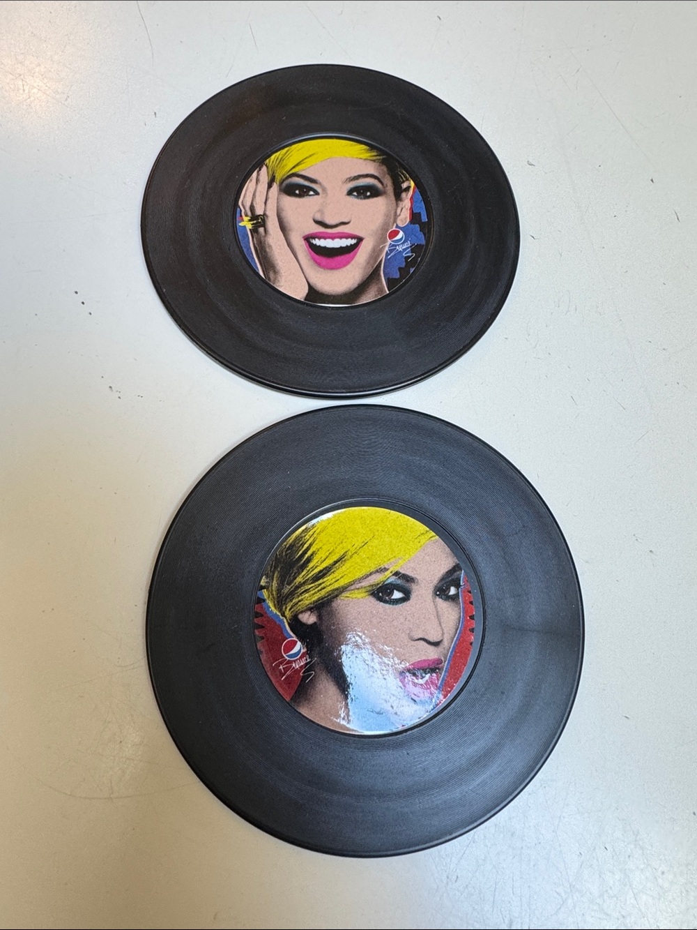 Vintage Beyoncé Pepsi-Cola pair of vinyl record coasters, rare